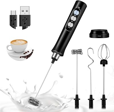 Milk Frother Handheld, Bauihr USB Rechargeable Electric Foam Maker with 3 Heads, 3 Adjustable Speeds Mini Milk Foamer for Latte, Cappuccino, Coffee, Hot Chocolate, Matcha