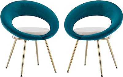 IULULU Modern Velvet Accent Chair Upholstered Vanity Makeup Stool Leisure Lounge for Home Office Guest Reception Dining Room Bedroom, Set of 2, Peacock Blue
