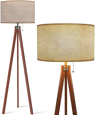 Wood Tripod Floor Lamp Grey cement bare polished surface texture concrete material vintage Modern Standing Lamp Linen Lampshade Dimmable Tall Lamp Mid Century Floor Lamp for Living Room Bedroom