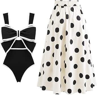 FLAXMAKER Black and White Swimsuit Bow-tie Decor Women&#39;s Polka dot Print Skirt One Piece Bathing Suit with Skirt