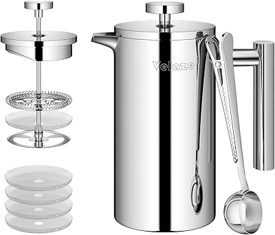 Velaze French Press Coffee Maker 34oz, Double Wall Insulated French Coffee Press Stainless Steel, 1L Coffee Maker Included 4 Extra Fliters and 1 Coffee Spoon