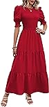 BTFBM Women Casual Summer Dresses 2024 Spring Crew Neck Ruffle Short Sleeve Floral Print Smocked Boho Flowy Maxi Dress(Solid Red, Large)