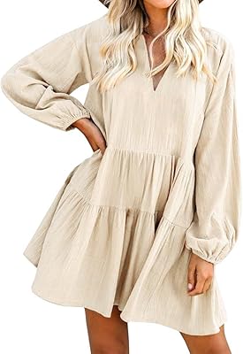 FANCYINN Cute Shift Tunic Dress for Women Ruffle Swing Babydoll Mini Long Sleeve Dress with Pockets