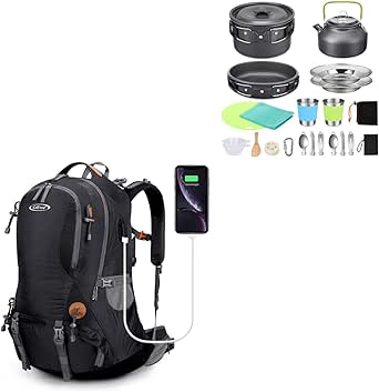 G4Free 50L Hiking Backpack with 18 PCS Camping Cookware Mess Kit for Outdoor Camping