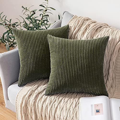 MIULEE Pack of 2 Corduroy Pillow Covers Soft Soild Striped Throw Pillow Covers Set Decorative Square Cushion Cases Pillowcases for Spring Sofa Bedroom Couch 18 x 18 Inch Olive Green