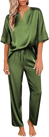 Ekouaer Satin Pajama Set Womens Silk Short Sleeve V Neck Shirt with Long Pant Soft Loungewear Pjs Set