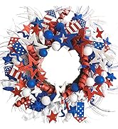 Idyllic 20 Inch Patriotic Red White Blue Glitter Stars Wreath for Front Door, Independence Day Gl...