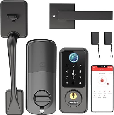 Hornbill Biometric Smart Lock with Front Door Handle Set, 8-in-1 Smart Deadbolt Door Lock for Front Door, Fingerprint Keyless Entry Door Lock, Bluetooth Door Lock with Keypad, Auto Lock with Fobs Code