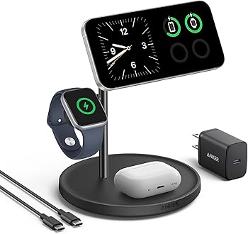 Image of Anker MagSafe-Compatible iPhone 16 Wireless Charging Stand, MagGo 3 in 1 Wireless Charging Station, Qi2 Certified 15W Wireless Charger, Desk Accessory, for iPhone 16/15/14/13/12, Apple Watch, AirPods