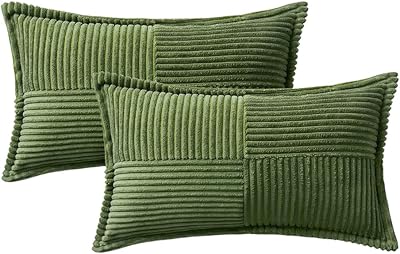 MIULEE Moss Green Corduroy Pillow Covers 12x20 Inch with Splicing Set of 2 Super Soft Boho Striped Pillow Covers Broadside Decorative Textured Throw Pillows for Spring Couch Cushion Bed Livingroom