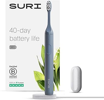 Image of SURI Sustainable Sonic Toothbrush - Electric Toothbrush for Adults - Slim and Powerful Travel Toothbrush - Recyclable Plant-Based Head, 2 Modes, Mirror-Mount, and Charging Stand