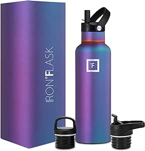 IRON °FLASK Sports Water Bottle - 3 Lids (Narrow Straw Lid) Leak Proof Vacuum Insulated Stainless Steel - Hot &amp; Cold Double Walled Insulated Thermos, Durable Metal Canteen - Aurora, 20 Oz