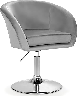 COSTWAY Vanity Chair, Height Adjustable Modern Velvet Makeup Chair with Chrome Frame, Round-Back, Comfortable Swivel Accent Leisure Chair for Living Room, Bedroom (Grey)