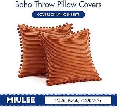 MIULEE Fall Boho Decorative Throw Pillow Covers with Pom-poms, Soft Corduroy Solid Lumbar Cushion Cases for Couch Sofa Bedroom, 18x18 inch Rust