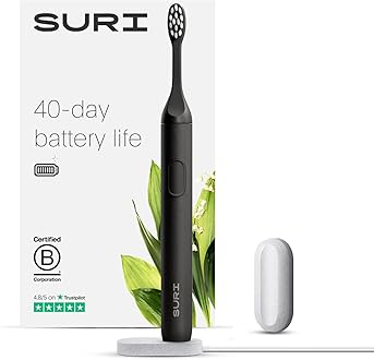 Image of SURI Sustainable Sonic Toothbrush - Electric Toothbrush for Adults - Slim and Powerful Travel Toothbrush - Recyclable Plant-Based Head, 2 Modes, Mirror-Mount, and Charging Stand