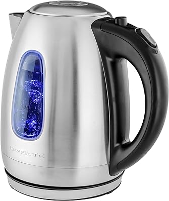 OVENTE Electric Kettle Stainless Steel Instant Hot Water Boiler BPA Free 1.7 Liter 1100 Watts Fast Boiling with Cordless Body and Automatic Shut Off Safe and Perfect for Tea Coffee Milk, Silver KS96S