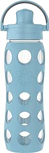 Lifefactory 22-Ounce Glass Water Bottle with Active Flip Cap and Protective Silicone Sleeve, Denim