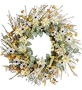 idyllic 20 Inches Autumn Front Door Wreath, Yellow and White Daisies Flowers, Ear of Wheat, Green...