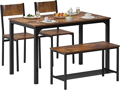 DlandHome Dining Table with 2 Chairs and 1 Bench Dining Room Sets for 4 Soho Dining Table and Chairs Set,Rectangular Space-Saving Dinner Table with Two Benches for Kitchen, Retro