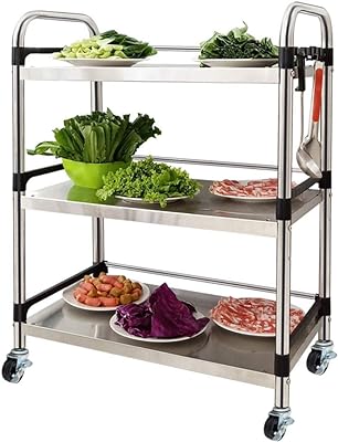 Trolley,Cart,Household Multi-Layer Trolleys,Cart Service Restaurant Bar 3 Tier Steel Handle Pushbar 360 Degrees Free Movement Easy to Assemble, 2 Sizes,Silver,60X35X75Cm