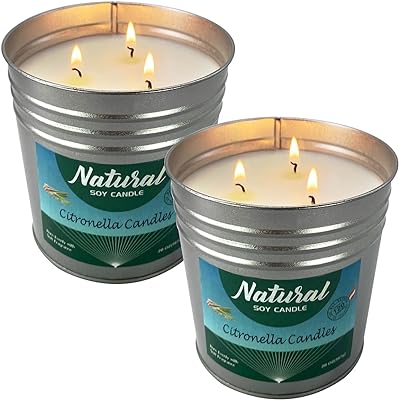 Outdoor and Indoor Citronella Candles - Large 2 x 17 oz 3 Wick Natural Soy Candle, 200 Hours Long Lasting Burn, Outdoor Candle for Garden Patio Balcony, Summer Camping