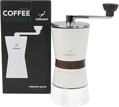 CoffeeKof Manual Coffee Grinder: 16 settings, ceramic burr, and crank handle for perfect grind. Great for camping and gifting!