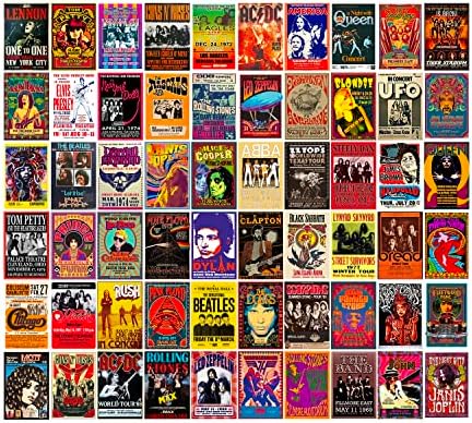 WOONKIT 60 PC Vintage Rock Band Posters, 70s 80s 90s Retro Concert Prints, Bedroom Wall Art, Album Cover Collage, 4x6 Inch (Set of 60)