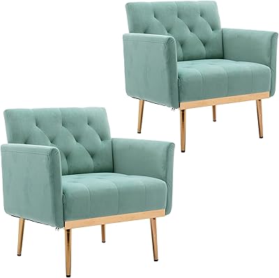 Upholstered Velvet Accent Chair for Living Room, Modern Leisure Single Sofa Arm Chair with with Rose Gold Metal Legs, Comfy Mid Century Armchair for Reading Room, Bedroom, Set of 2 (Mint Green)