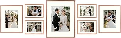 Golden State Art, Picture Frame Set 7 Pack, Gallery Wall Frame with One 11x14, Two 8x10, and Four 5x7. Aluminum Photos Frame for Wall or Tabletop Display (Style 1, Rose Gold, 7 Pack)