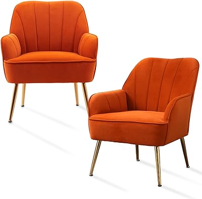 HANLIVES Accent Chair Set of 2,Modern Mid Century Velvet Sherpa Armchair,Comfy Arm Chair for Living Room Bedroom Office Waiting Room,Barrel Chairs (Orange*2)