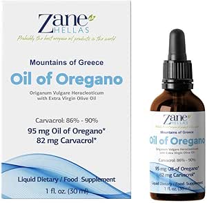 Zane Hellas 50% Olio di origano. Puro Olio Essenziale Greco Puro di Origano .86% Carvacrolo Min. 82mg Carvacrolo per porzione.Probabilmente Il miglior Olio di origano del Mondo.1fl.oz.- 30ml