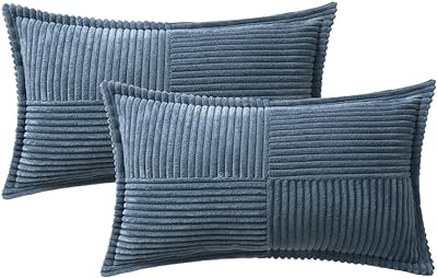 MIULEE Blue Corduroy Pillow Covers 12x20 inch with Splicing Set of 2 Super Soft Boho Striped Pillow Covers Broadside Decorative Textured Throw Pillows for Spring Couch Cushion Bed Livingroom