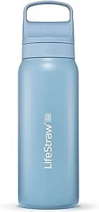 LifeStraw Go Series – Insulated Stainless Steel Water Filter Bottle for Travel and Everyday use removes Bacteria, parasites and microplastics, Improves Taste, 24oz Icelandic Blue