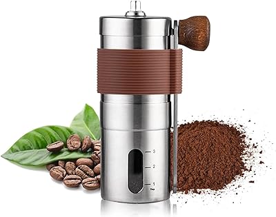 Shiawase Manual Coffee Grinder, Stainless Steel Hand Coffee Grinder with Hand Crank, Ceramic Burr Mini Hand Grinder for Coffee Beans with Adjustable Fineness, Portable Grinder for Camp, Kitchen-Brown