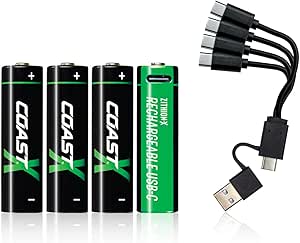 Coast AA USB-C Rechargeable Batteries, ZITHION-X, Lithium Ion 1.5v 2400 mAh, Long Lasting, Charges Under 2.5 Hours, Charging Cable Included, 4-Battery Pack