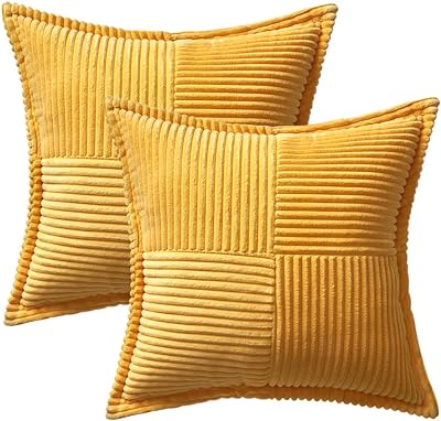 MIULEE Golden Yellow Pillow Covers 18x18 Inch with Splicing Set of 2 Super Soft Boho Striped Corduroy Pillow Covers Broadside Decorative Textured Throw Pillows for Fall Couch Cushion Livingroom