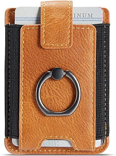 TOPWOOZU Phone Card Holder with Ring Grip for Back of Phone,Adhesive Stick-on Credit Card Wallet Pocket for iPhone,Android and Smartphones (Brown)
