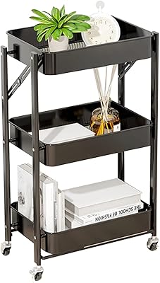 POCHY Multipurpose Storage Trolley Cart Serving Trolley Cart Foldable Storage Shelf with 360° Vientiane Wheel Free Installation Rack Easy to Clean for Kitchen Bedroom Restaurant 2 Colors (Color : Bla