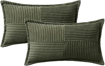 MIULEE Olive Green Corduroy Pillow Covers 12x20 inch with Splicing Set of 2 Super Soft Boho Striped Pillow Covers Broadside Decorative Textured Throw Pillows for Spring Couch Cushion Bed Livingroom