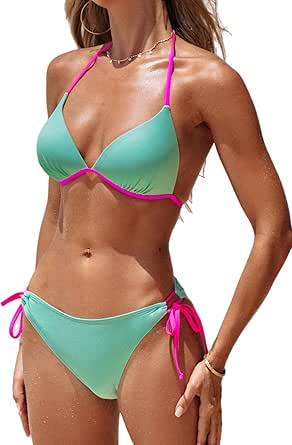 CUPSHE Women&#39;s String Bikini Sets Halter Triangle Top Self Tie Back Strappy Low Rise Cheeky Swimwear Color Block