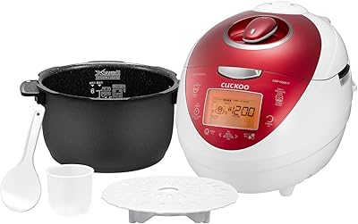 CUCKOO CRP-N0681FV | 6-Cup (Uncooked) Pressure Rice Cooker | 16 Menu Options: Sushi Rice, Nu Rung Ji, Brown Rice, & More, Made in Korea | White/Red