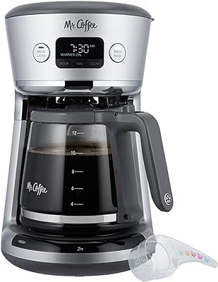 Mr. Coffee 31160393 Easy Measure 12 Cup Programmable Digital Coffee Maker Machine with Built In Water Filtration and Measuring Scoop, Silver