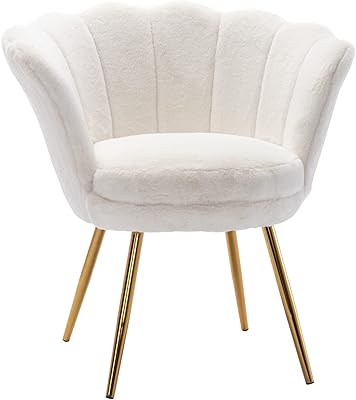 chairus Living Room Chair, Faux Fur Mid Century Modern Retro Leisure Accent Chair with Golden Metal Legs, Vanity Chair for Bedroom Dresser, Upholstered Guest Chair(Soft White)