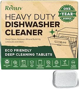 Heavy Duty Dishwasher Cleaner and Deodorizer Tablets, Descaler, Deep Cleaning, Natural Odor and Smell Remover, Calcium, Limescale, Hard Water Marks, Grease, Septic Safe Pods (12 Tabs - 1 Yr Supply)