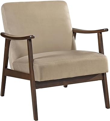 Lexicon Mid Century Modern Chair Velvet Accent Chair for Living Room Chair w/Solid Wood Armrests and Legs, Cushioned Seat and Backrest, Reading Chair and Lounge Chair for Bedrooms/Studios, Brown