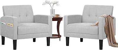 TYBOATLE Mid-Century Modern Fabric Accent Living Room Arm Chairs Set of 2, Upholstered Tufted Bedroom Office Single Armchair, Reading Lounging Side Lounge Chair Living Room Furniture (Light Grey)