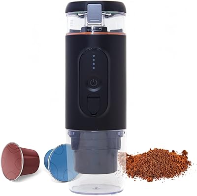 EVOINN. Portable Coffee Maker; Espresso Coffee Machine, Travel Coffee Maker, Outdoor, Car and Office Compatible Capsule and Ground Coffee 2 in 1 (Black)