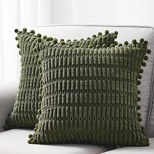 Topfinel Olive Green Decorative Throw Pillows Covers 18x18 for Couch Living Room,Boho Vintage Corduroy Pompom Bed Sofa Cushion Covers Set of 2