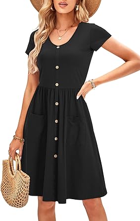 OUGES Women&#39;s V Neck Button Down Skater Dress with Pockets