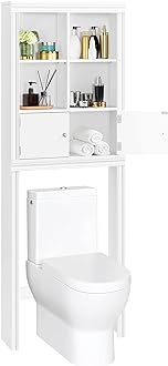 Image of Yaheetech Over The Toilet Storage Cabinet with 4 Open Storage Compartments and 2 Doors, Freestanding Bathroom Space Saver for Bathroom, White